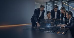 Executivos analisando dashboard de dados para prevenir erros na escrituração fiscal em ambiente corporativo moderno.