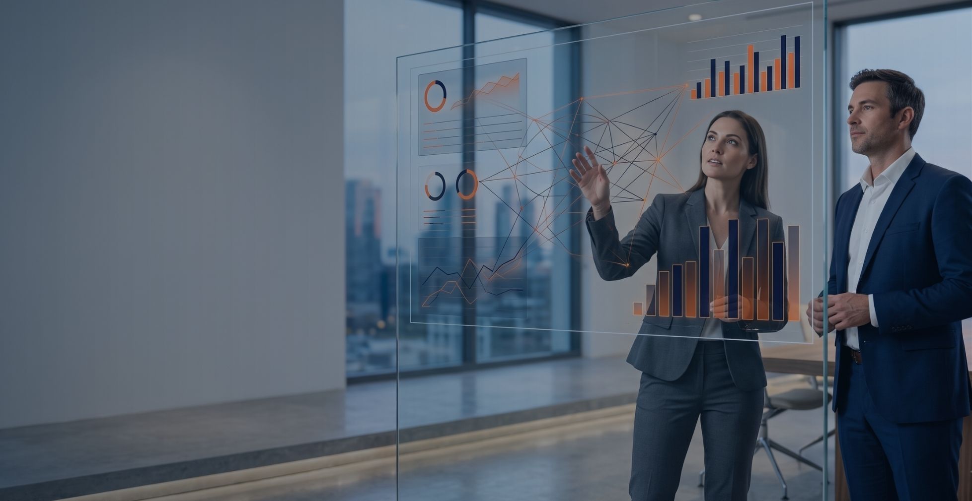 Executivos em um ambiente corporativo moderno analisando painéis de dados digitais em tons de azul e laranja, representando o cruzamento de obrigações acessórias e a inteligência tributária.