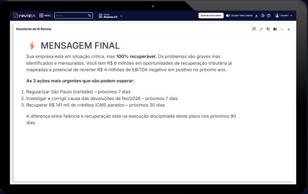 Palestra "Reforma Tributária e IA: Do Compliance à Estratégia" no Tax SUmmit 2026: Agente de IA do Revizia em ação montando plano de ação