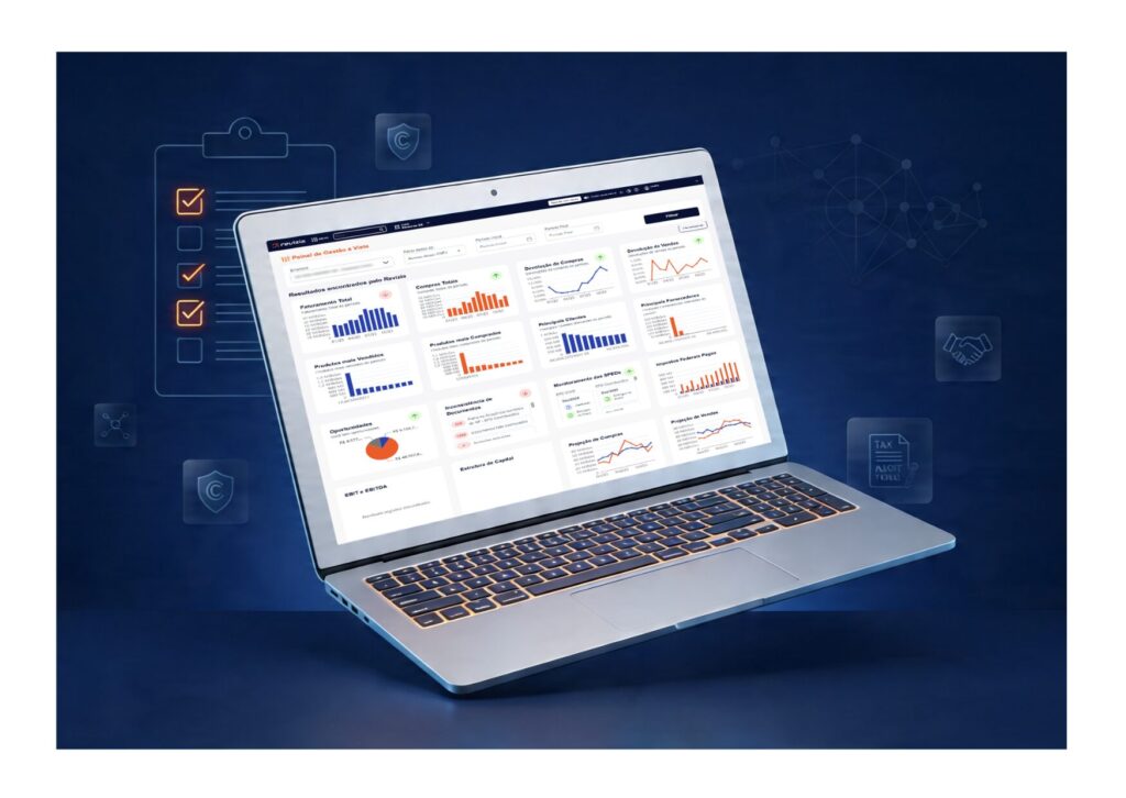 Interface do software de gestão financeira Revizia mostrando dashboards de inteligência fiscal e análise de dados.