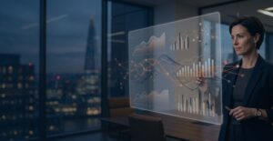Executiva analisando um dashboard de tecnologia fiscal para 2027 com gráficos e inteligência artificial em tons de laranja e azul escuro.
