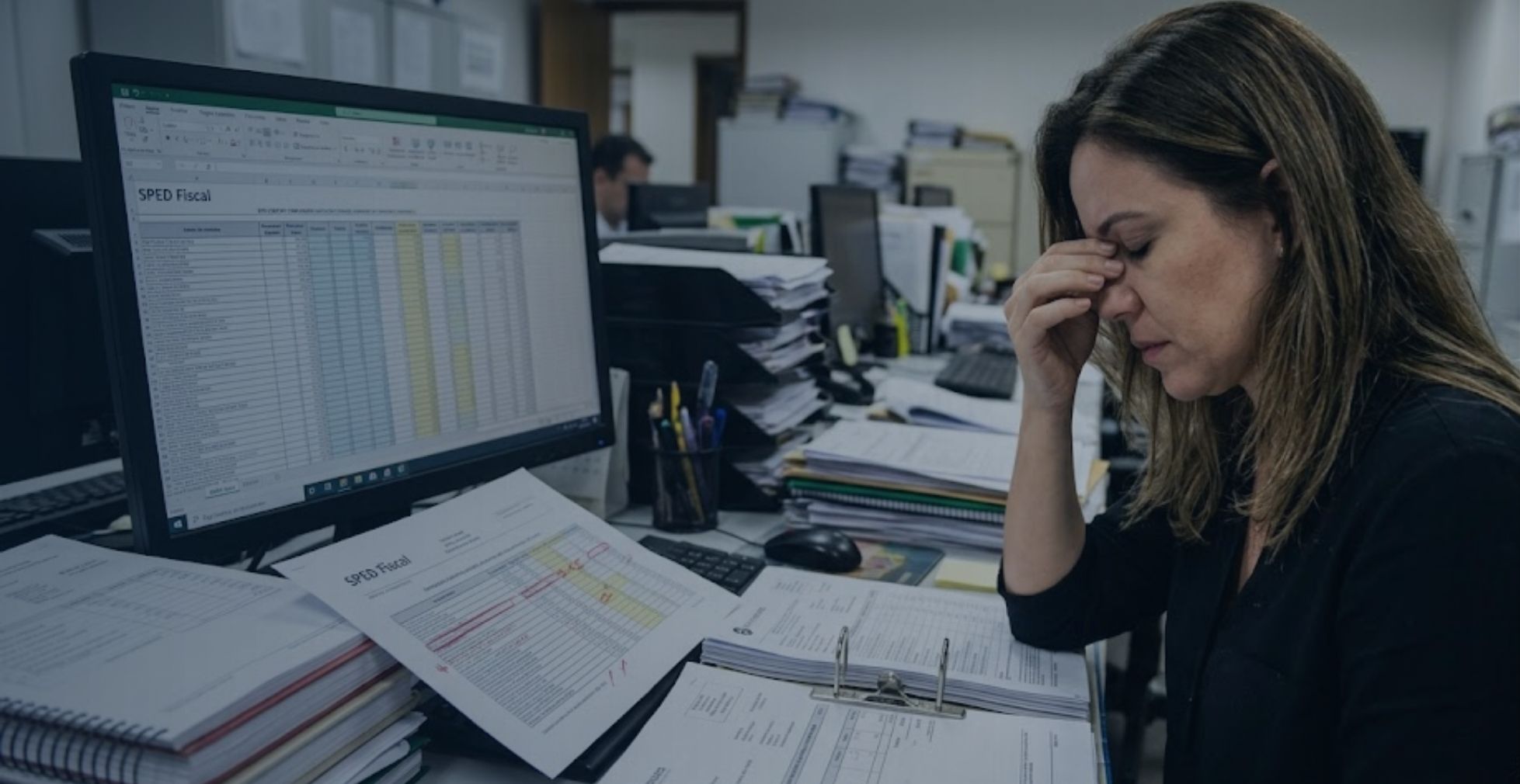 Uma profissional de contabilidade demonstra exaustão diante de uma mesa repleta de documentos e planilhas complexas do SPED Fiscal no monitor.