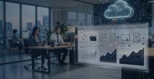Executivo analisando dashboard de armazenamento do XML e documentos fiscais em nuvem com indicadores de inteligência de dados.