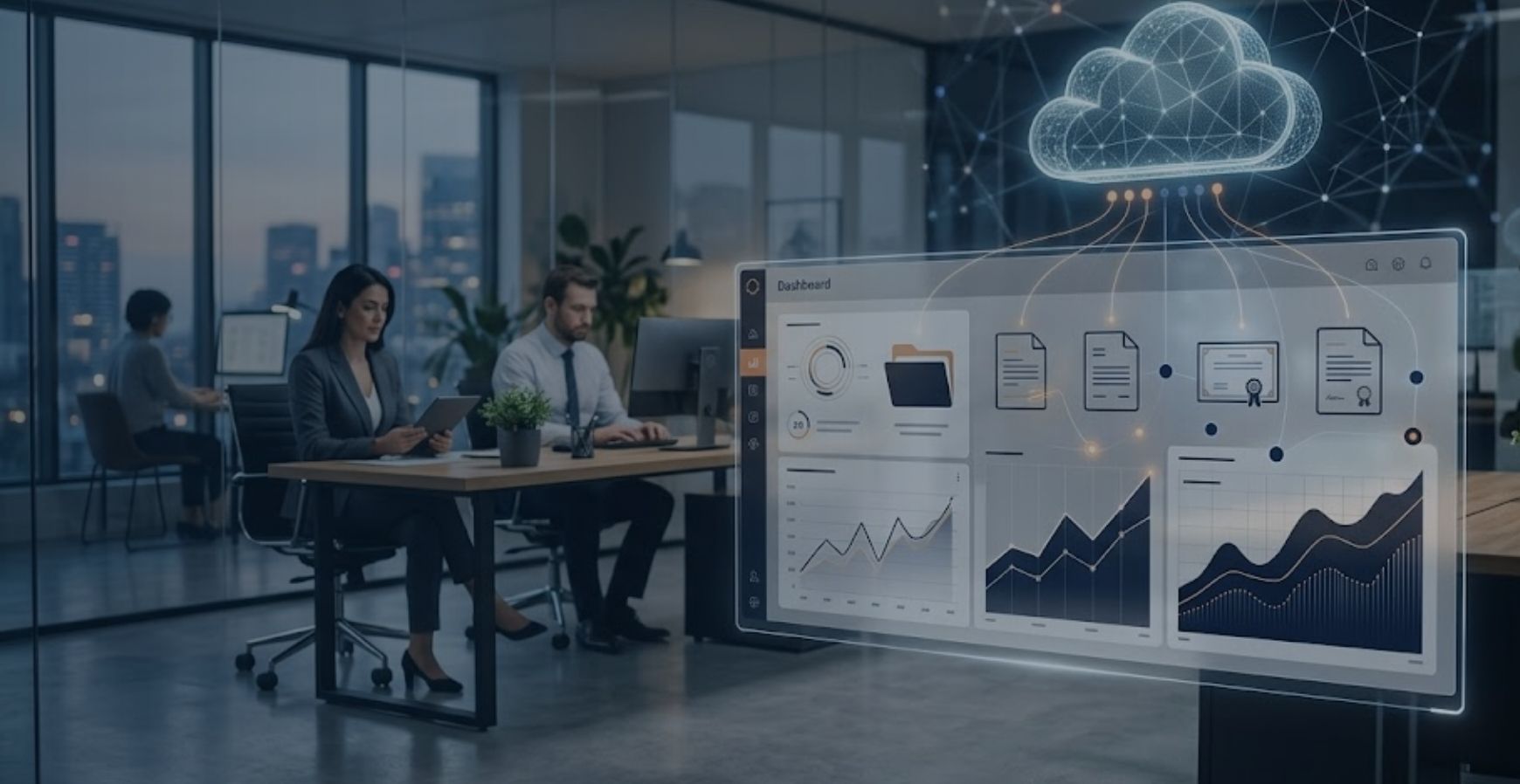 Executivo analisando dashboard de armazenamento do XML e documentos fiscais em nuvem com indicadores de inteligência de dados.