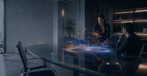 Ambiente corporativo moderno com dashboards holográficos representando como a IA elimina erros na gestão fiscal.