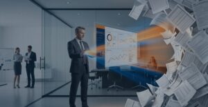Profissionais em ambiente corporativo moderno analisando painéis de controle de CND e inteligência de dados, com detalhes em laranja e azul escuro, representando automação fiscal.