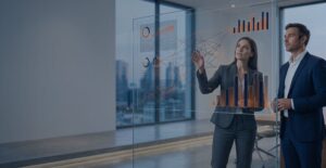Executivos em um ambiente corporativo moderno analisando painéis de dados digitais em tons de azul e laranja, representando o cruzamento de obrigações acessórias e a inteligência tributária.