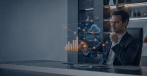 Executivo em ambiente corporativo moderno interagindo com um assistente de IA fiscal representado por painéis holográficos de dados e inteligência tributária.