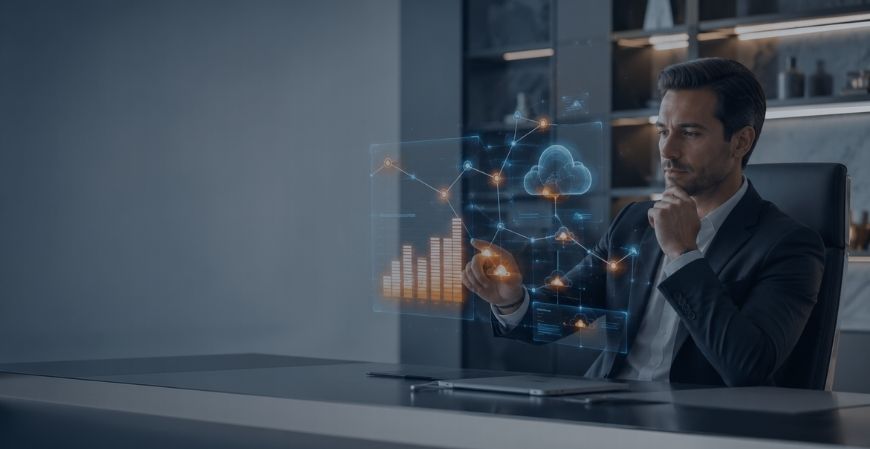 Executivo em ambiente corporativo moderno interagindo com um assistente de IA fiscal representado por painéis holográficos de dados e inteligência tributária.