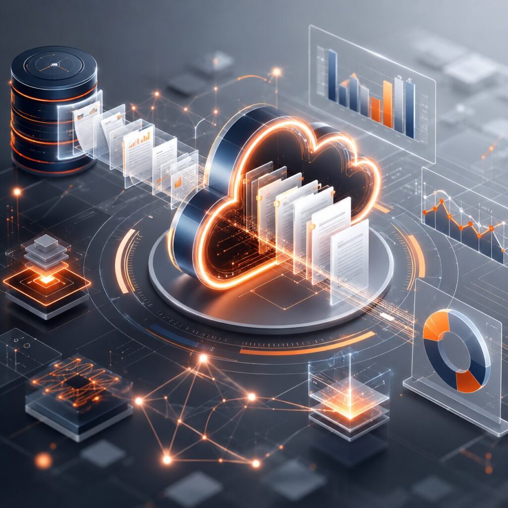 Infográfico do armazenamento do XML mostrando captura automática de documentos fiscais, nuvem segura e auditoria por inteligência artificial.