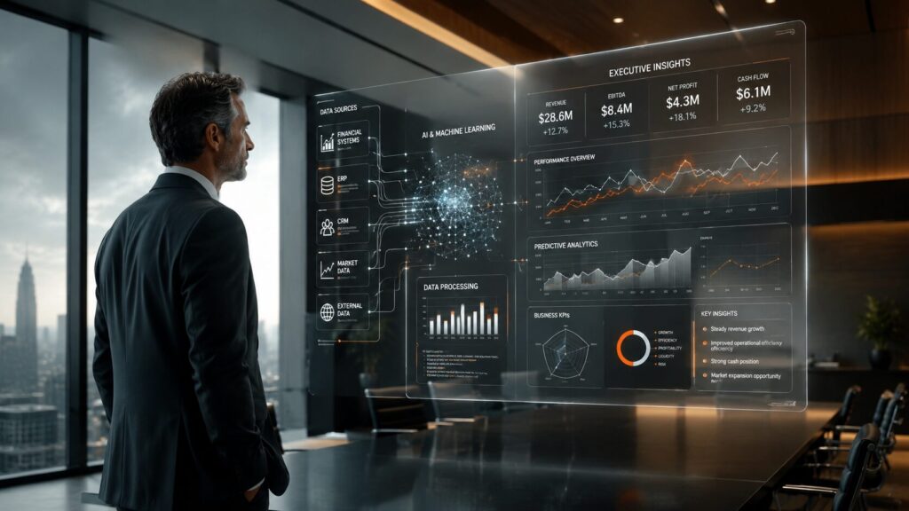 Executivo financeiro analisando gráficos de dados em um software fiscal com inteligência artificial para garantir conformidade tributária.