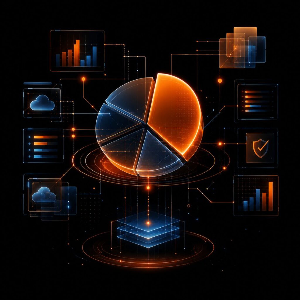 Representação visual de um painel de inteligência de dados cruzando informações para evitar erros na gestão fiscal.