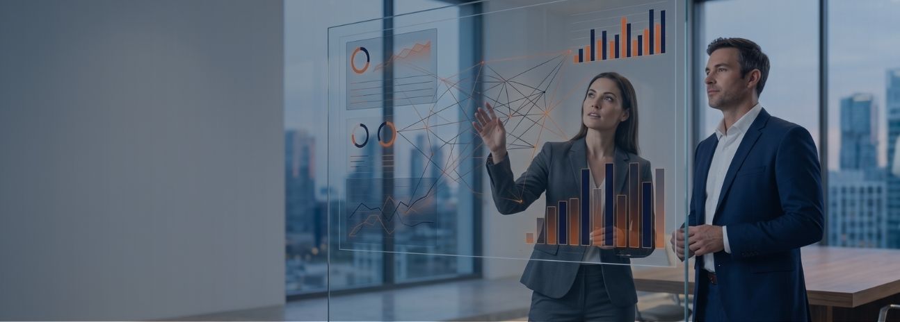 Executivos em um ambiente corporativo moderno analisando painéis de dados digitais em tons de azul e laranja, representando o cruzamento de obrigações acessórias e a inteligência tributária.