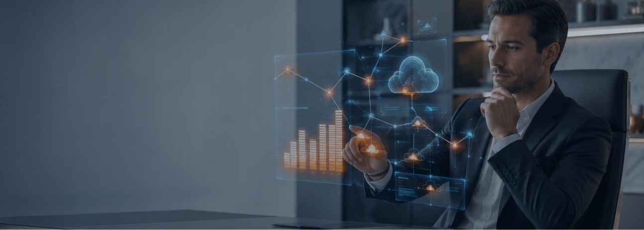Executivo em ambiente corporativo moderno interagindo com um assistente de IA fiscal representado por painéis holográficos de dados e inteligência tributária.