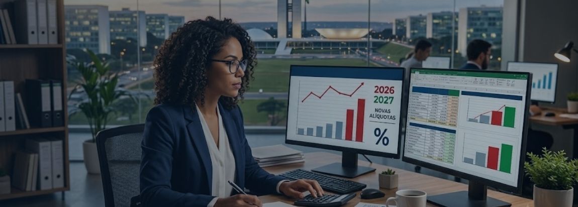 Mulher com óculos e blazer azul analisa gráficos e planilhas com projeções para 2026 e 2027 em dois monitores de computador. Ao fundo, através da janela do escritório, vê-se o Palácio do Planalto em Brasília ao entardecer.
