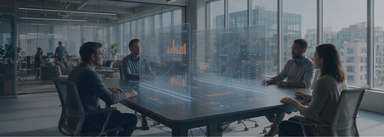 Executivos analisando painel de inteligência fiscal com dashboards de dados relacionados ao cBenef em escritório corporativo moderno