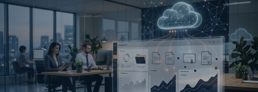 Executivo analisando dashboard de armazenamento do XML e documentos fiscais em nuvem com indicadores de inteligência de dados.
