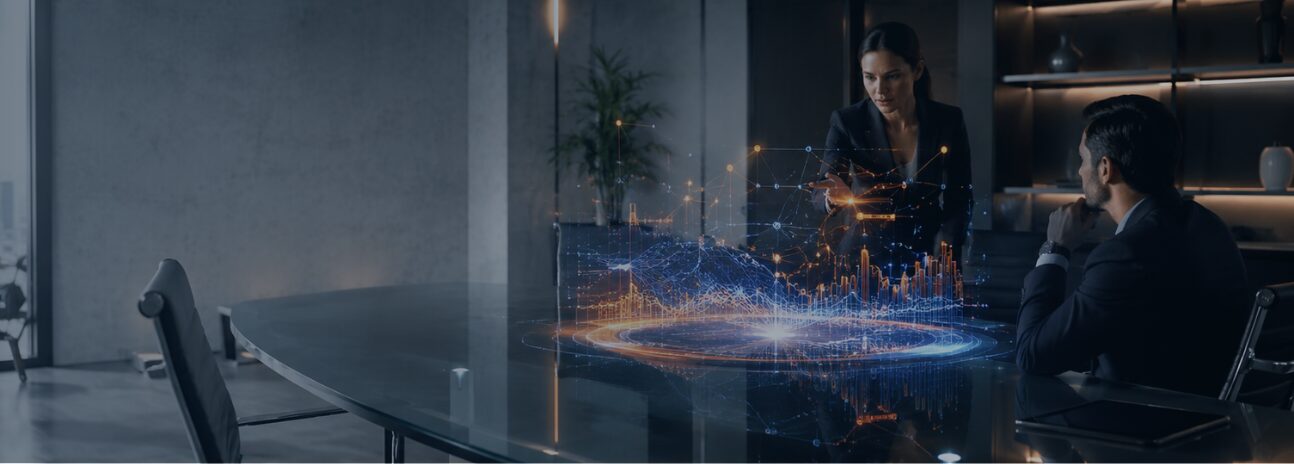 Ambiente corporativo moderno com dashboards holográficos representando como a IA elimina erros na gestão fiscal.