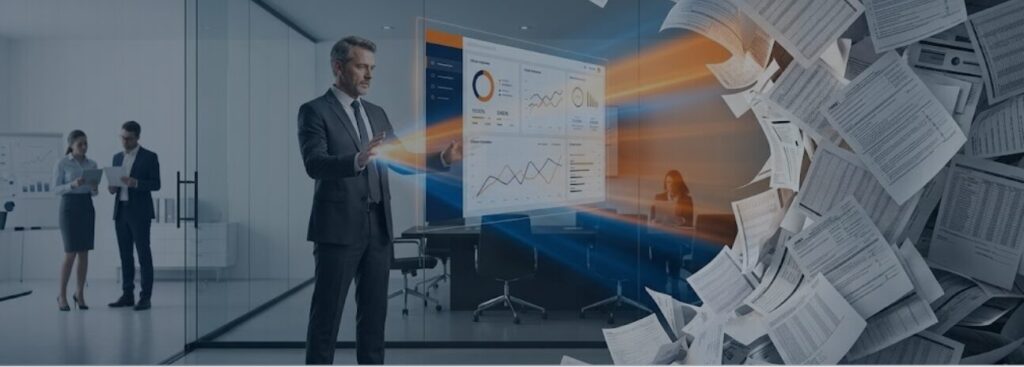 Profissionais em ambiente corporativo moderno analisando painéis de controle de CND e inteligência de dados, com detalhes em laranja e azul escuro, representando automação fiscal.