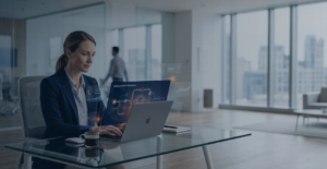 Escritório corporativo moderno com painel digital de fluxo de decisão em tons neutros, laranja e azul escuro, representando o roteiro do Comitê Gestor para IBS e CBS
