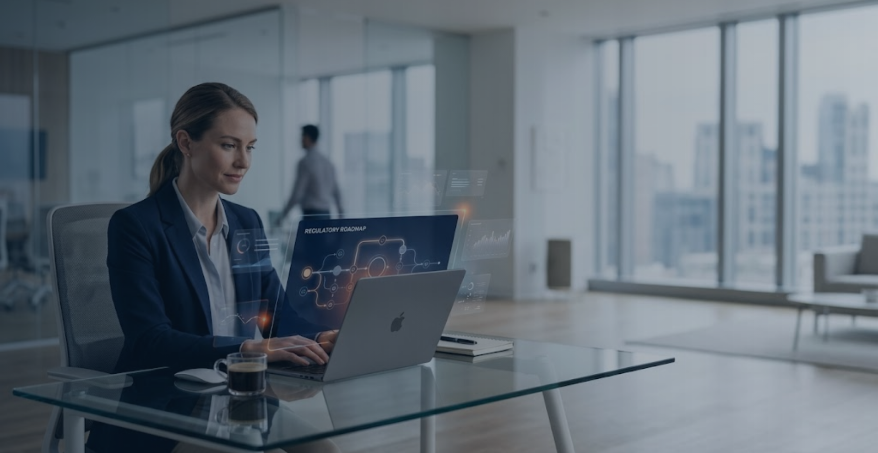 Escritório corporativo moderno com painel digital de fluxo de decisão em tons neutros, laranja e azul escuro, representando o roteiro do Comitê Gestor para IBS e CBS