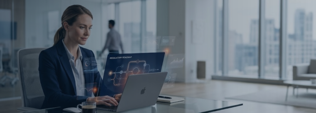 Escritório corporativo moderno com painel digital de fluxo de decisão em tons neutros, laranja e azul escuro, representando o roteiro do Comitê Gestor para IBS e CBS
