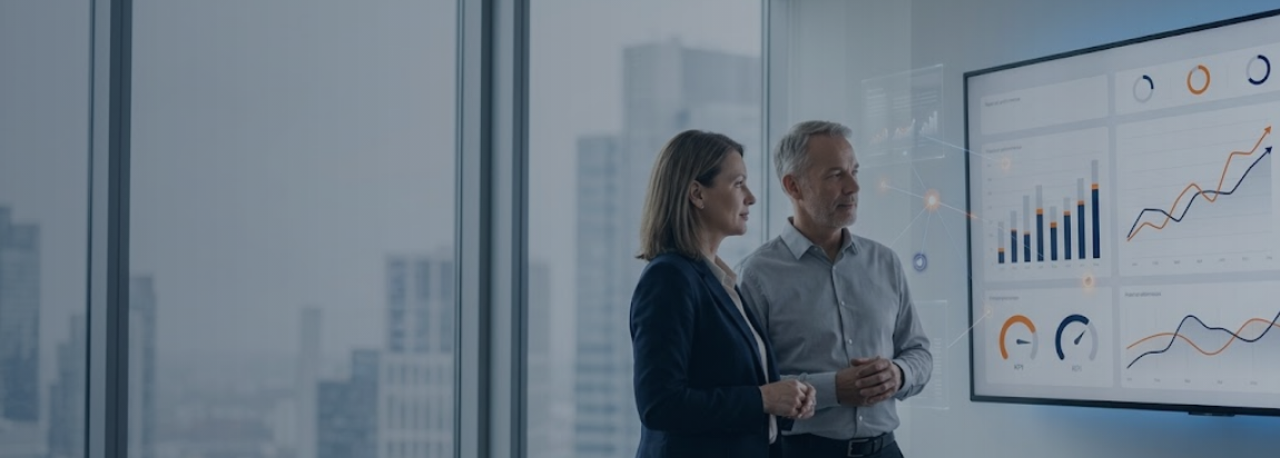 Executivos analisando indicadores fiscais em dashboards corporativos com gráficos em laranja e azul escuro