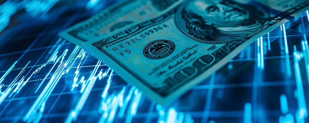 dollar bill is blue background with blue lights