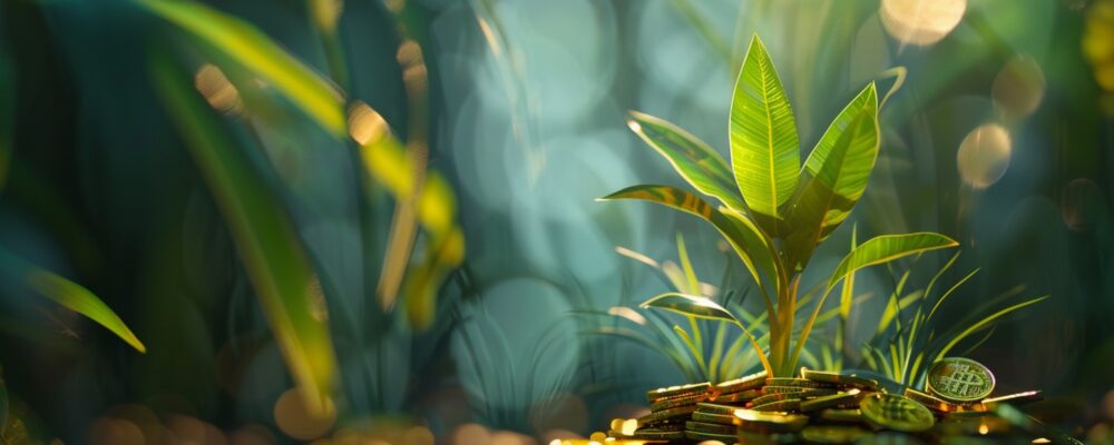 financial success wealth growth investment prospects with plant sprouting from coins