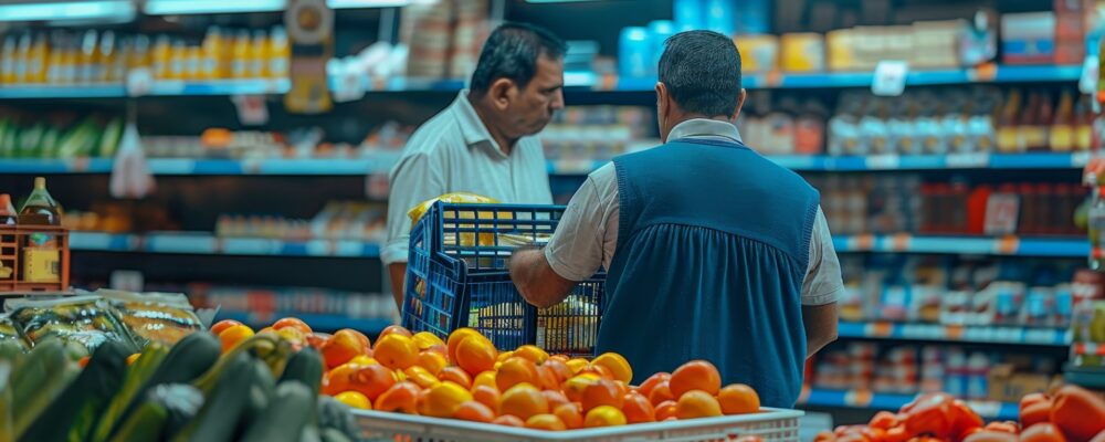 two men are looking fruit stand grocery store